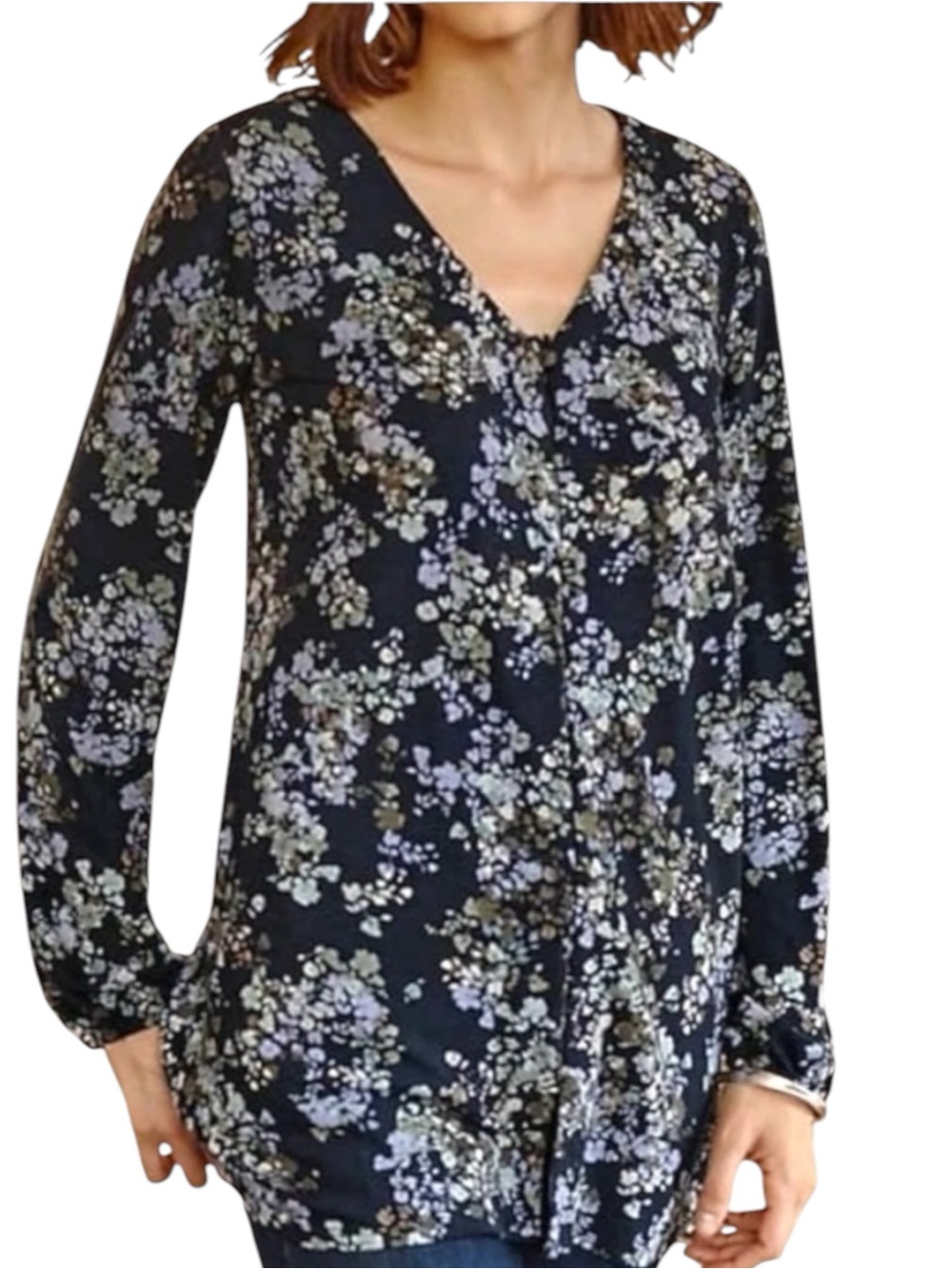 J. Jill Floral Expressions V-Neck Navy Long Sleeve Tunic Size Small Petite